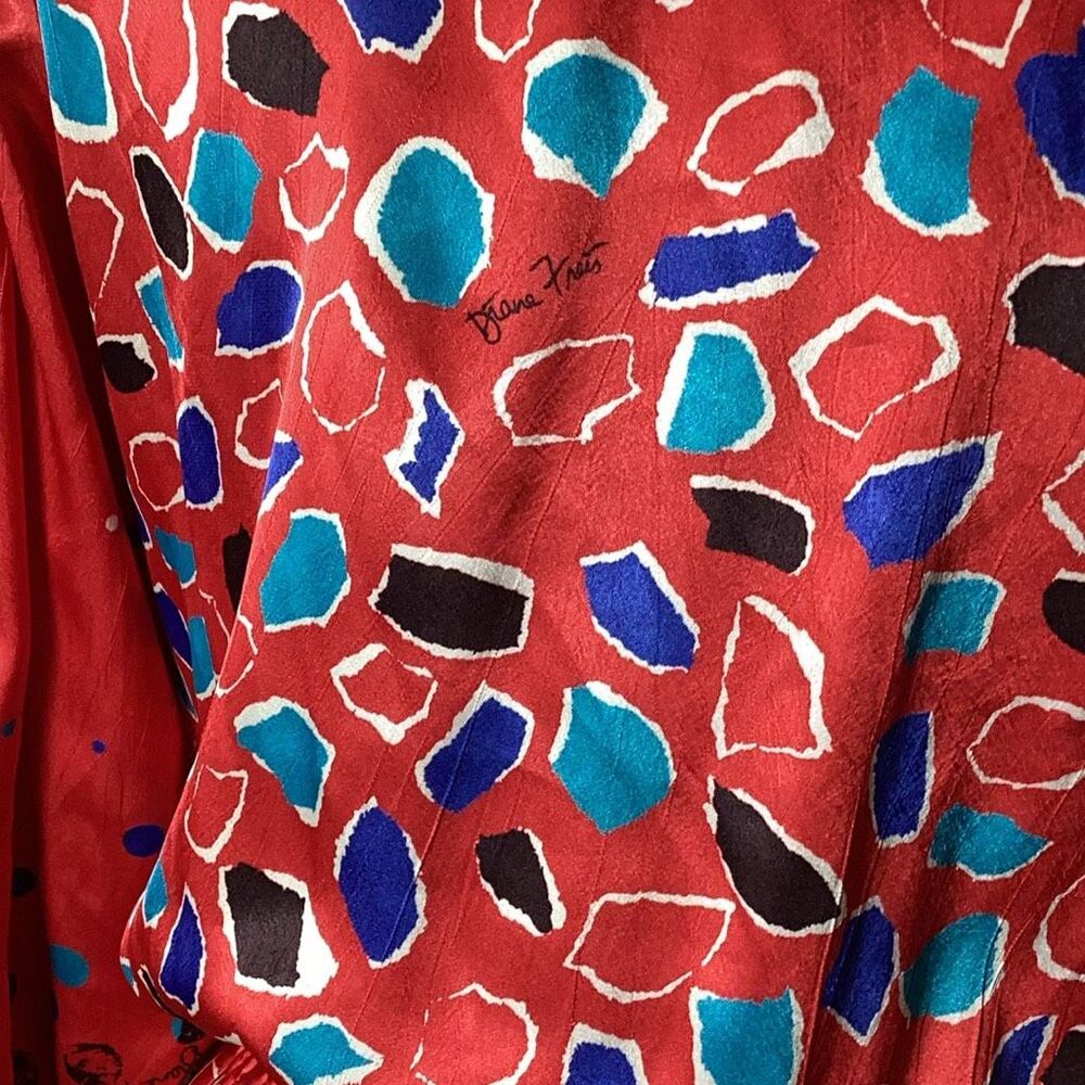 Vintage 80’s Diane Freis Original Ruffled Abstract Red Dress Puffed Sleeves - Picture 10 of 12